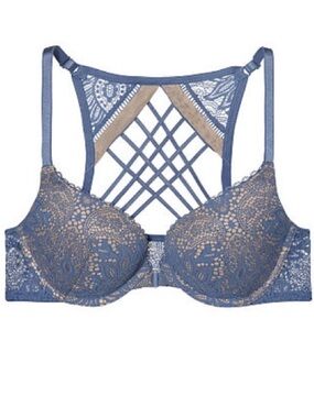 VICTORIA’S SECRET 34DD Very Sexy Push-Up Bra Front Close Strappy Back Blue Lace